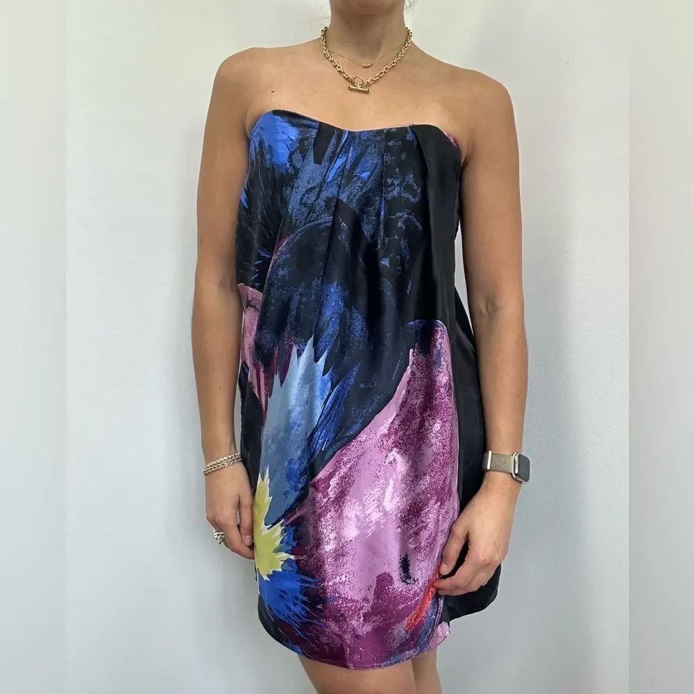 Tibi Vintage Multi-color 100% Silk Strapless Wrap Dress Sweetheart Neck Size 4 - Picture 3 of 11